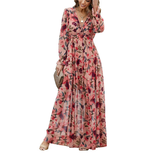 Women's Floral Deep V-Neck Maxi Dress