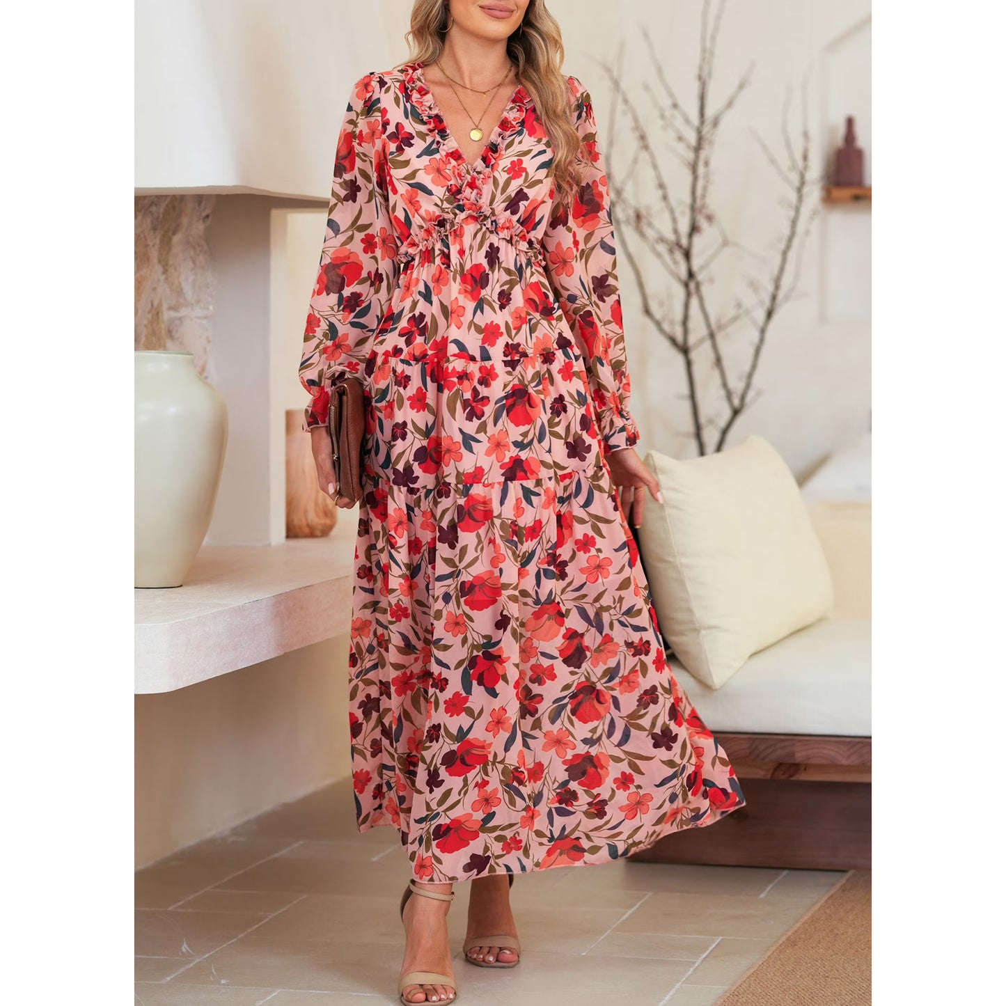 Women's Floral Deep V-Neck Maxi Dress