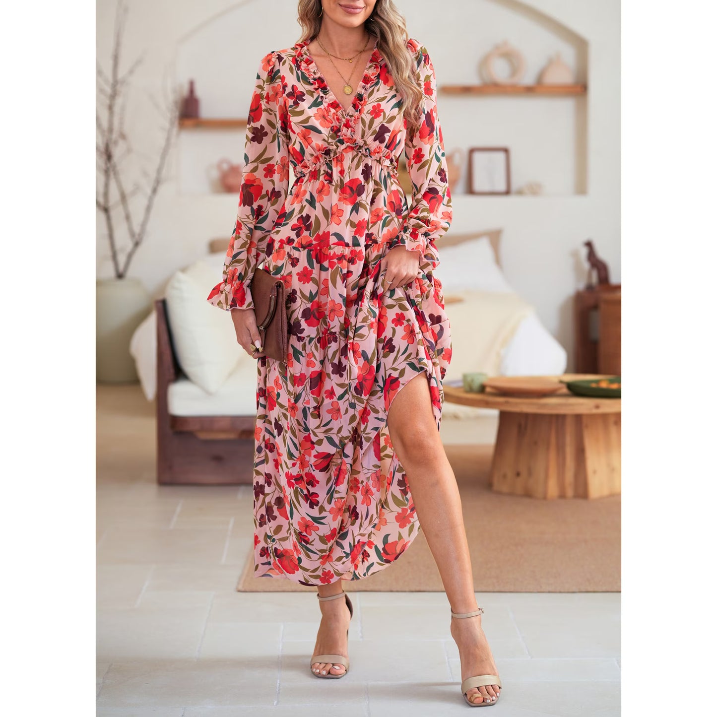 Women's Floral Deep V-Neck Maxi Dress