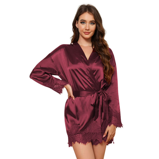 Women's Satin Lace Trim Kimono Robe