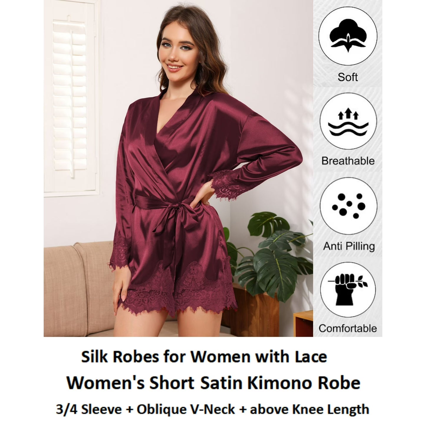 Women's Satin Lace Trim Kimono Robe