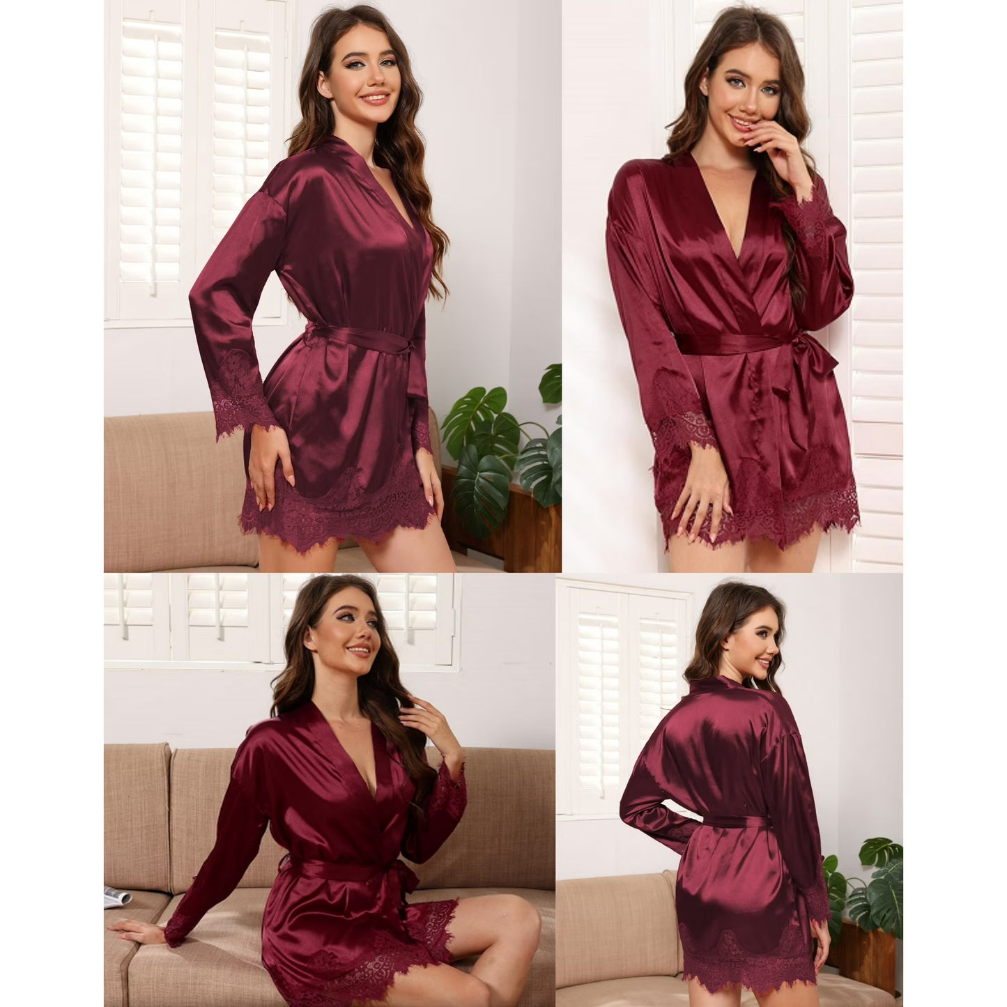 Women's Satin Lace Trim Kimono Robe