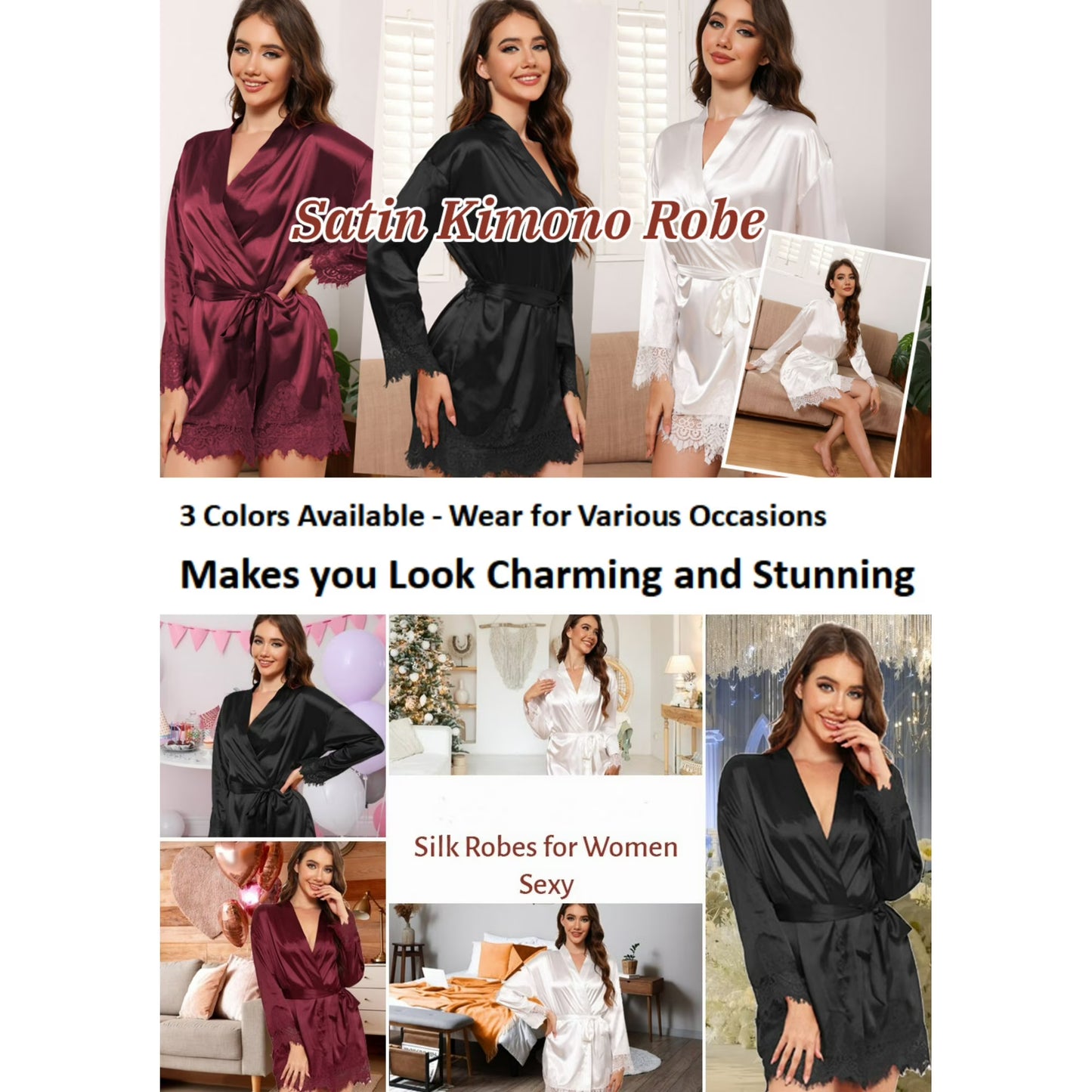 Women's Satin Lace Trim Kimono Robe