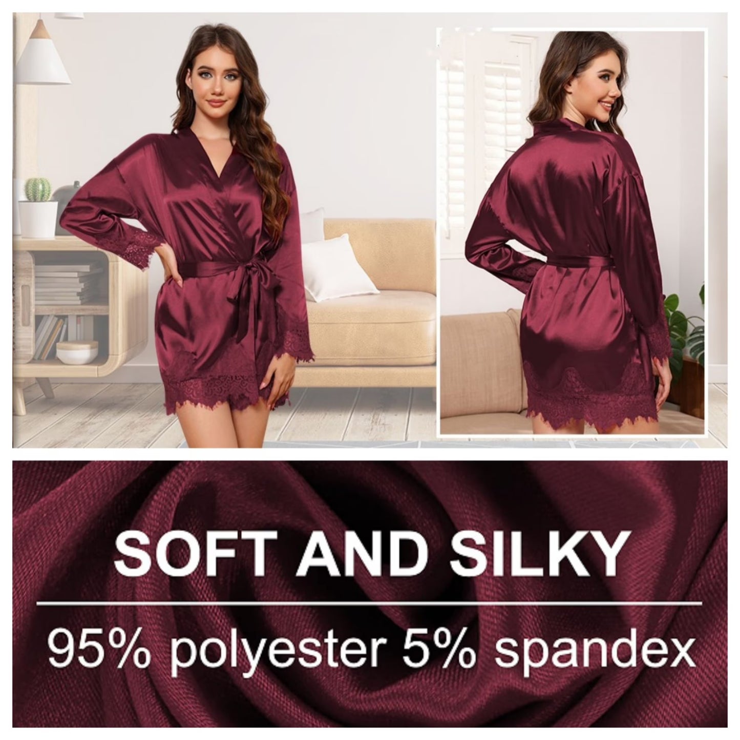 Women's Satin Lace Trim Kimono Robe