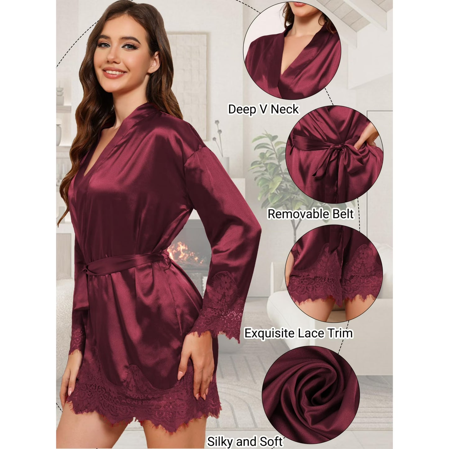 Women's Satin Lace Trim Kimono Robe