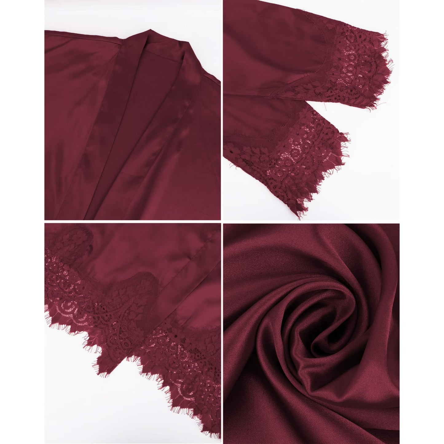 Women's Satin Lace Trim Kimono Robe